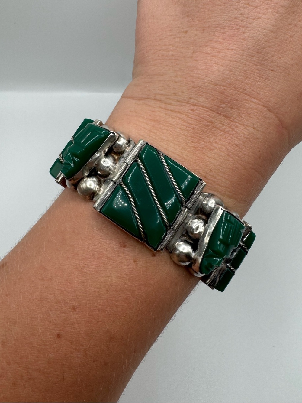 Vintage Sterling Silver 925 Green Onyx Tribal Bracelet